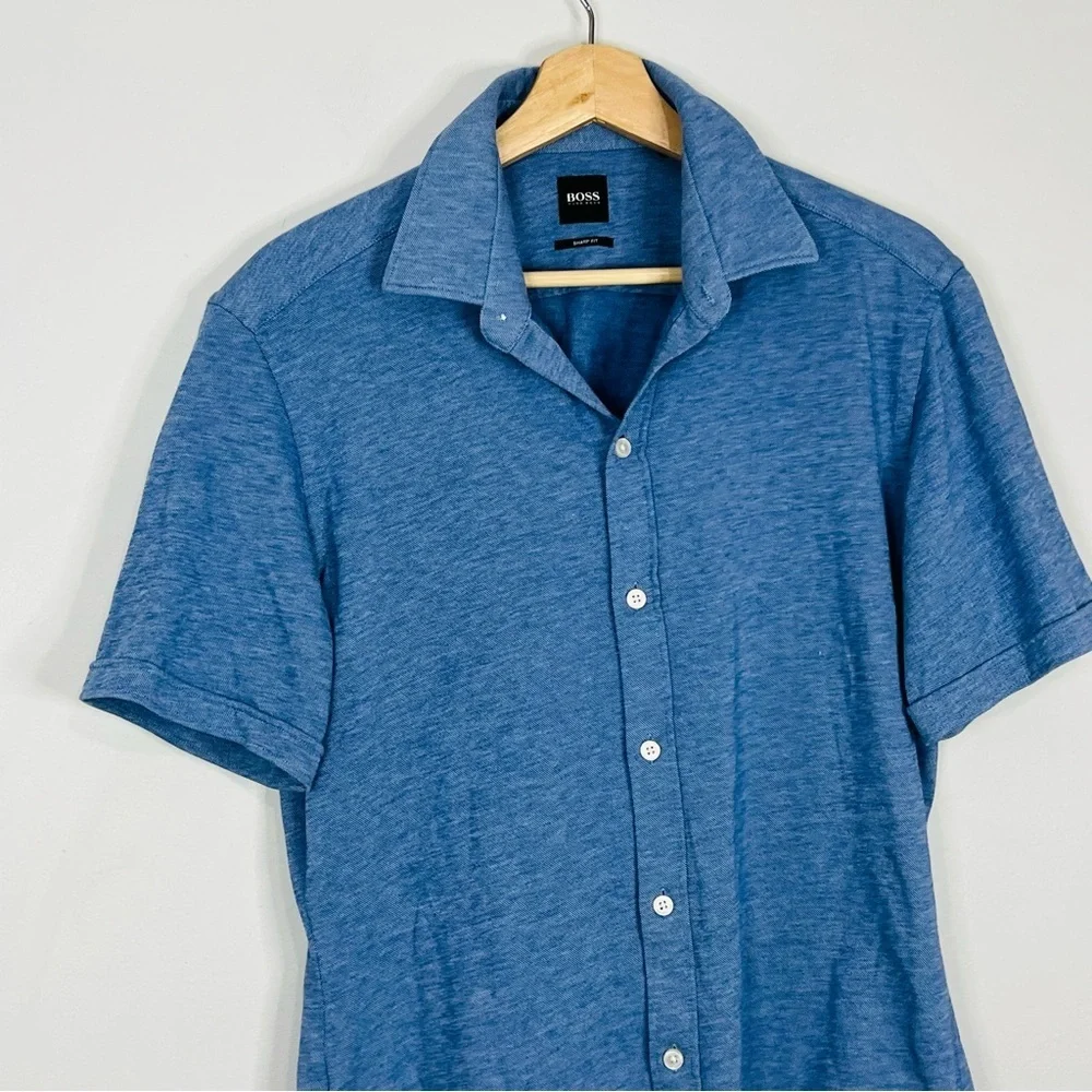 Hugo Boss Blue Linen Blend SS Button Up Shirt M - Picture 5 of 7